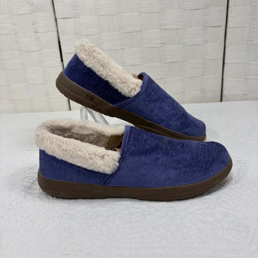 Vionic Clair blue velvet slip on slipper faux fur collar women's 9